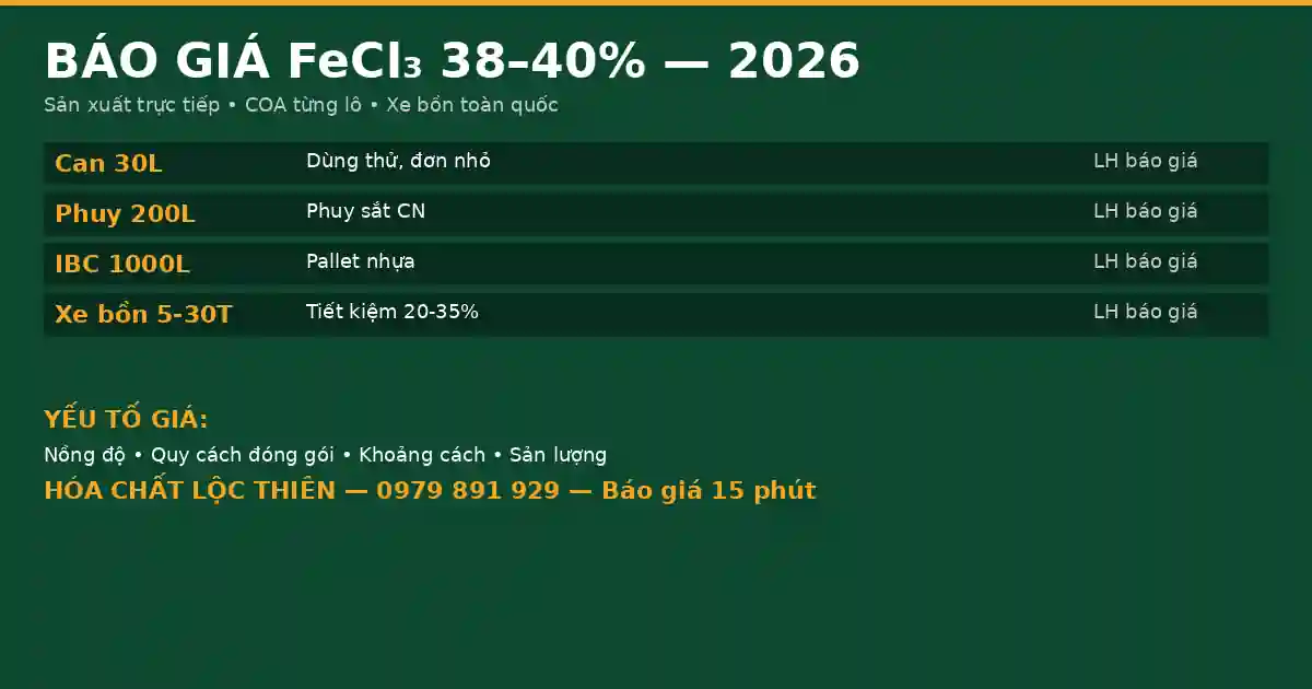 Báo Giá FeCl3 2026 — Sản Xuất Trực Tiếp, COA Từng Lô, Giao Xe Bồn Toàn Quốc