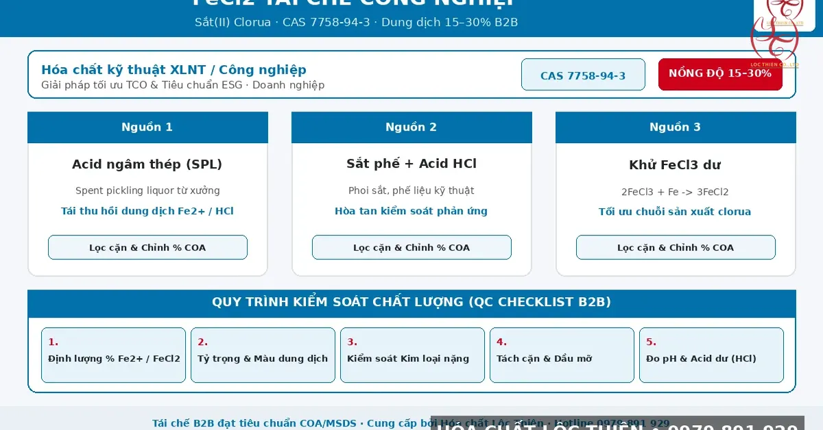 Infographic FeCl2 tái chế CAS 7758-94-3: 3 nguồn acid ngâm / sắt phế / khử FeCl3, nồng độ B2B 15–30% — Hóa chất Lộc Thiên