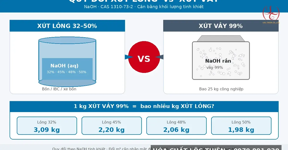 Infographic quy đổi xút lỏng NaOH 32-50% vs xút vảy 99%: 1 kg vảy = 3,09 kg lỏng 32% = 2,20 kg 45% = 2,06 kg 48% = 1,98 kg 50% — Lộc Thiên
