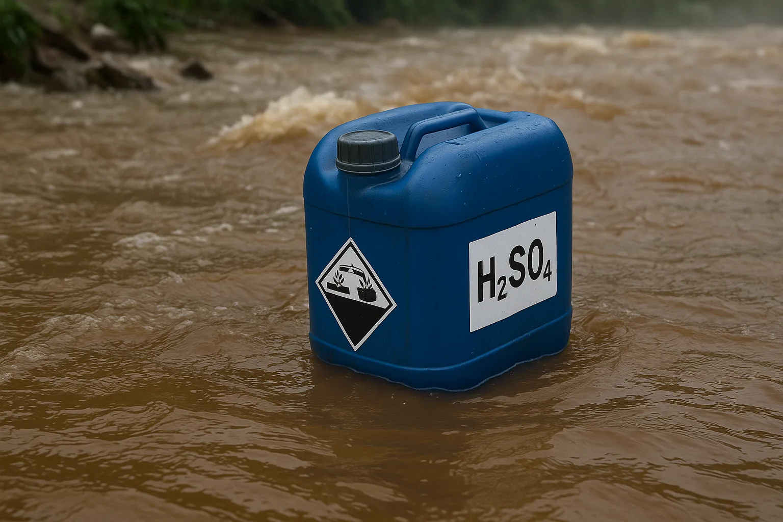 Can nhựa chứa H2SO4 trôi trong nước lũ minh họa sự cố axit sunfuric Đắk Lắk