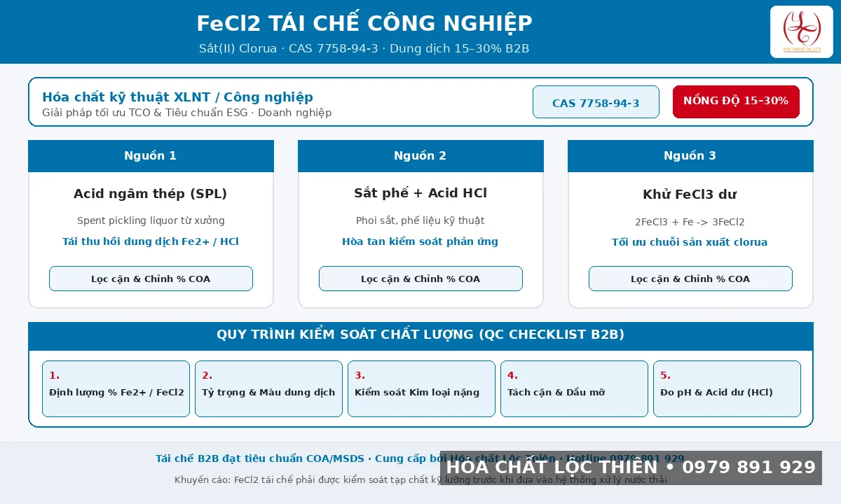 Infographic FeCl2 tái chế CAS 7758-94-3: 3 nguồn acid ngâm / sắt phế / khử FeCl3, nồng độ B2B 15–30% — Hóa chất Lộc Thiên