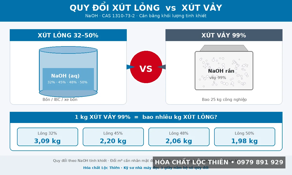 Infographic quy đổi xút lỏng NaOH 32-50% vs xút vảy 99%: 1 kg vảy = 3,09 kg lỏng 32% = 2,20 kg 45% = 2,06 kg 48% = 1,98 kg 50% — Lộc Thiên